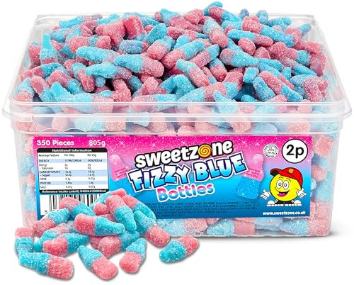 Sweetzone Fizzy Pink and Blue Bottles Halal Sweets, Bubblegum Flavoured, 805g, 350 Pcs Sweets Tub, Retro Sweets, Sweet Box, Retro Sweets, Old Fashioned Sweets, Tubs of Sweets for Everyone