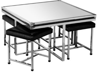 Premier Housewares Stainless Steel Mirror Table and Stool Set with Crocodile Effect Detail, 5-Piece