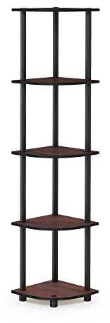 Furinno Eckregal mit 5 Ebenen, Mehrzweckregal, Verbundholz, PVC-Rohre, Dunkle Kirsche und Schwarz, 29.46 x 29.46 x 146.56 cm