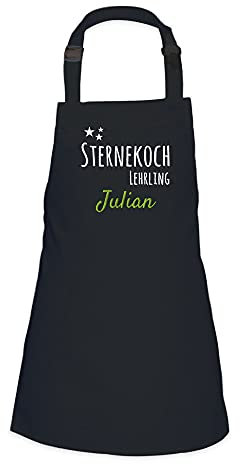 Wolimbo Kinder-Kochschürze - personalisierte Koch-Schürze mit Name - verstellbares Nackenband - individuelle Back-Schürze mit Wunsch Motiv/Name - schwarz