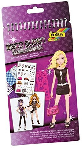 folia 41103 - Schablonenbuch Disco Queen, Block mit 36 Malvorlagen, 5 Schablonen und 3 Stickerbögen - ideal für Mädchen