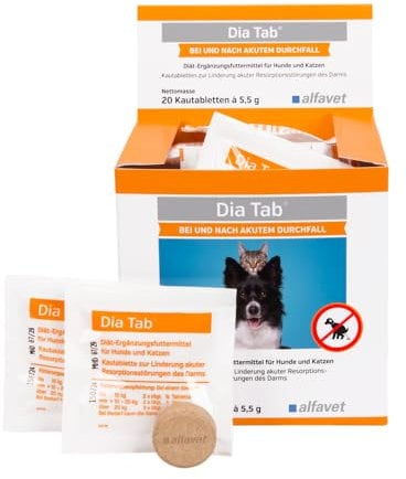 alfavet Dia Tab, 20 x 5,5g, Diät-Ergänzungsfuttermittel für Hunde und Katzen, Kautablette gegen Durchfall