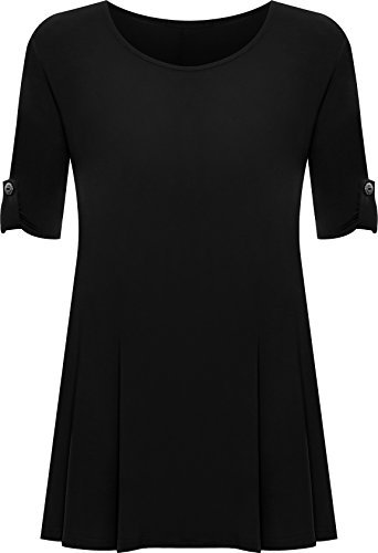 WearAll Womens Plus Size Scoop Neck Short Sleeve Flared Ladies Long Plain Top - Black - 16