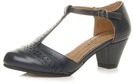 Womens Ladies mid Block Heel t-bar Cut Out Buckle Brogue Shoes Sandals, 7 UK, Navy Matte