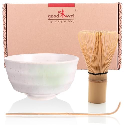 Goodwei Matcha Kit con cuenco de cerámica, batidor de matcha y cuchara de bambú | Matcha Set de regalo para principiantes (Shiro)
