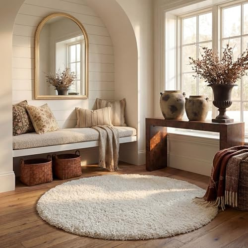 SAFAVIEH California Shag Collection Area Rug - 6'7 Round, White, Non-Shedding & Easy to Clean, Ultra Plush Thick Pile, Ideal for Living Room, Bedroom, Dining Space (SG151-1010)