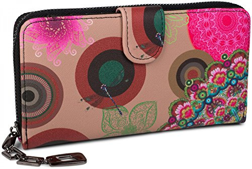 styleBREAKER Portefeuille à Motifs de Fleurs Ethniques differents, Dessin Vintage, Fermeture à glissière Toute Autour, Femmes 02040040, Couleur:Beige-Marron-Marron foncé-Rose