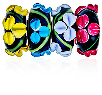Gemischtes Set Aus Bündel .925 Sterling Silber Kern Durchscheinend Mehrfarbig 3D Lampwork Murano Glas Schwarze Blumen Charme Perlen Abstandshalter Passend Für Europäische Armbänder Für Frauen