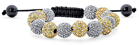 Bling Jewelry Argent Or Bicolore 10Mm Pave Cristal Disco Ball Shamballa Inspired Bracelet Pour Femmes Hommes Cordon Noir Ajustable