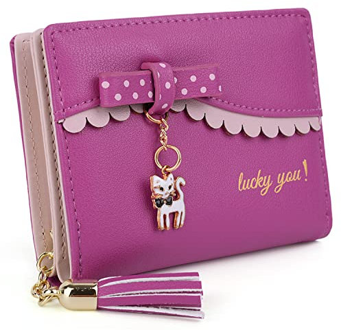 UTO Portefeuille Femme Porte-Cartes PU Cuir Doux avec Chat et Nœuds Papillon Ton d'or Mignon Rose Fuchsia