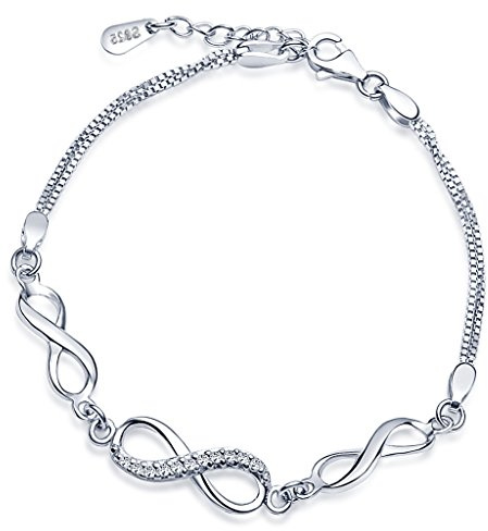 Yumilok Pulsera de plata de ley 925 con circonitas de oro rosa con 3 símbolos de infinito, para mujeres y niñas, ajustable