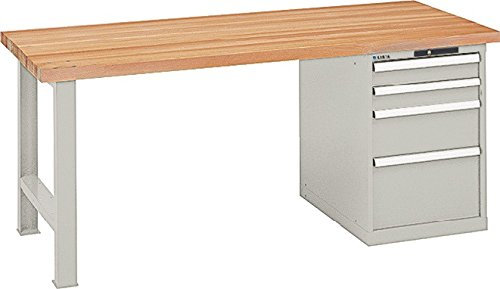 LISTA Werkbank, 1 Fuß, 1 Schubladenblock, 4 Schubl. 2x100, 1x200, 1x300 mm, Code-Lock, Multiplexpl. 40 mm, BxTxH 1500x750x840 mm, RAL 7035 lichtgrau