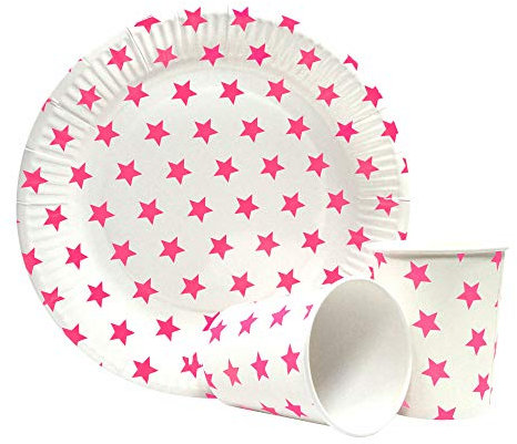 Frau WunderVoll® 24 teiliges Partyset M Pinke Sterne, je 12 Pappbecher, Pappteller, Becher 240 ml, Teller 23 cm/Partygeschirr, Einweggeschirr, Kindergeburtstag, Geburtstag, Hochzeit