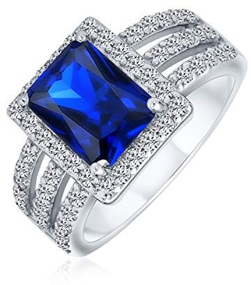 Personalisieren Sie Art Deco Stil 3Ct Rechteck Aaa Cz Simuliert Sapphire Royal Blue Emerald Cut Halo Verlobungsring Für Frauen Wide Band .925 Sterling Silber Brauchizable