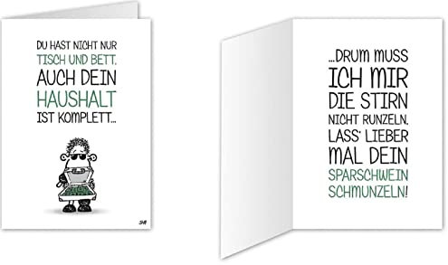 Sheepworld - Mini-Klappkarte, Geburtstagskarte Nr. 22 Du hast nicht nur Tisch und Bett, auch dein Haushalt ist komplett ... drum muss ich mir die Stirn nicht runzeln, lass lieber mal dein Sparschein schmunzeln! (80522)