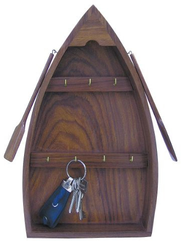 Schlüsselrack - Boot Holz mit 7 Messinghaken, 22x37,5x6cm, 2 Holzpaddel zur Deko an den Seiten
