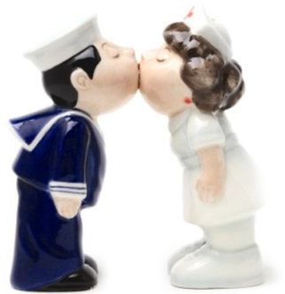 Nurse and Sailor Kissing Magnetic Ceramic Salt and Pepper Shakers