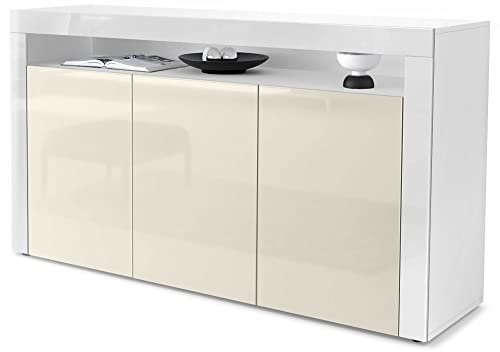 Vladon Sideboard Valencia, Made in Germany, Kommode mit 3 Türen und 1 offenem Fach, Weiß matt/Creme Hochglanz/Weiß Hochglanz (155 x 92 x 40 cm)
