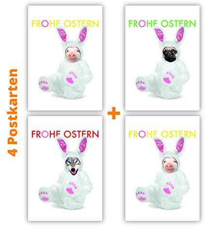 4 komische Oster Postkarten (Postkarten-Set) mit Mops, Schein, Wolf und Katze als Osterhase