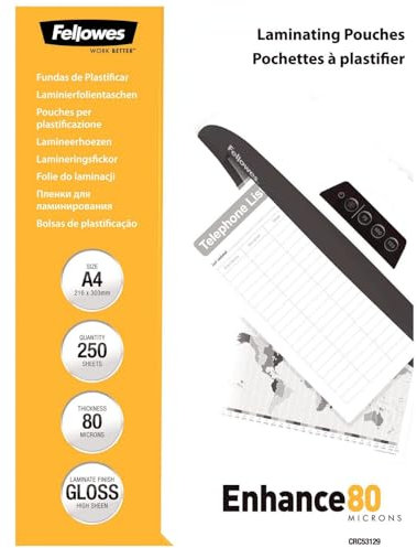Fellowes Laminierfolien A4, 80 Mikron (2 x 80 mic), glänzend, Value Pack mit 250 Stück