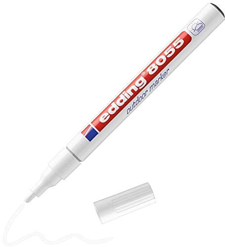 edding 8055 Outdoormarker - weiß - 1 Lackstift - Rundspitze 1-2 mm - stark deckend, wasserfest - Lackmarker für den Außenbereich - permanentes Beschriften z.B. von Mülltonnen, Kinderspielzeug