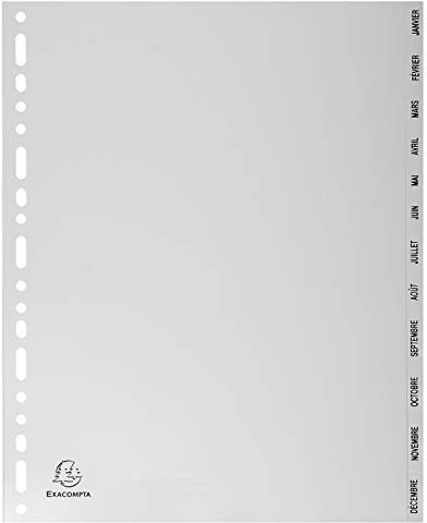 Exacompta 2812E Kunststoff-Register Januar - Dezember für DIN A4 MAXI aus recyceltem Kunststoff 12-teilig volle Höhe 24 x 29,7 cm grau mit bedruckten Taben Universallochung Trennblätter Trennstreifen
