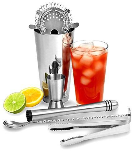 bar@drinkstuff Stainless Steel Set with Boston Shaker, Hawthorne Filter, Scoop, Ice Tongs, Pestle and Spoon for Mixing with Spiral, Metal, 2