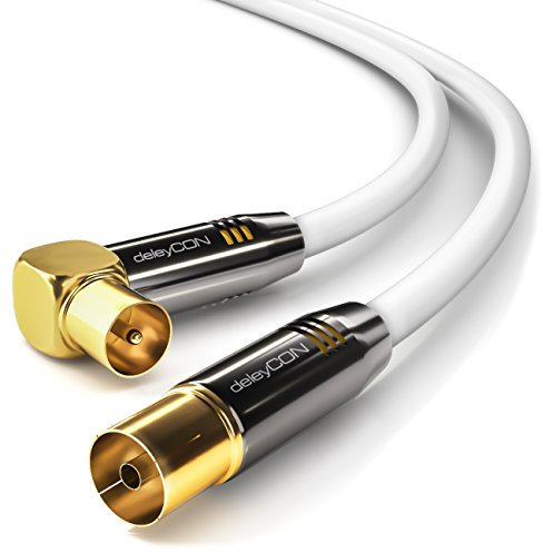 deleyCON 1m Cable de Antena de TV Cable Coaxial 1x Enchufe de TV 90° en Ángulo para Toma de TV Recta - TV HDTV Radio DVB-T2 Full HD Tapón de Metal - Blanco