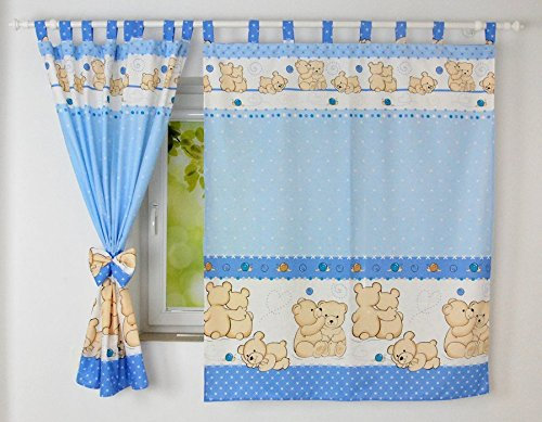 BABYLUX Kinderzimmer VORHANGE mit Schlaufen Kinder und Baby Gardinen (63. Teddybären Blau)