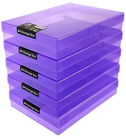 WestonBoxes A4 Colourful Transparent Plastic Craft Storage Boxes with Lids for Art Supplies, Paper and Card (Purple/Pack of 5)