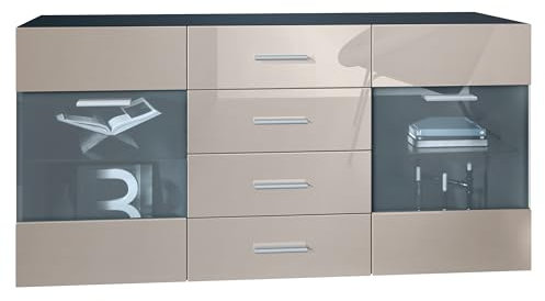 Vladon Sideboard Kommode Bari V1, Made in Germany, Korpus in Schwarz matt/Front in Sandgrau Hochglanz (139 x 72 x 35)
