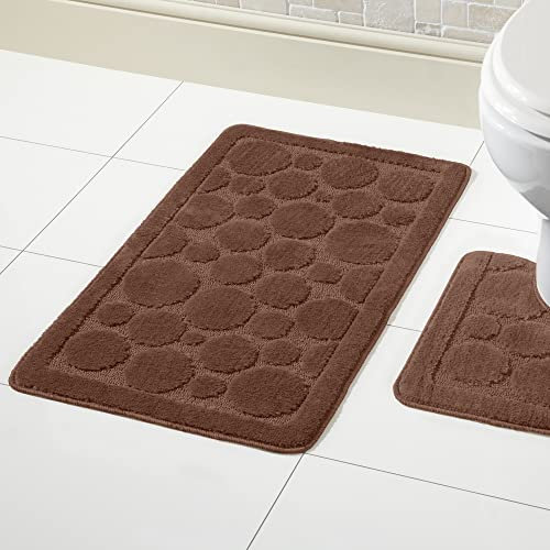 Olivia Rocco Cali Bubbles 2 Piece Bath Mat & Pedestal Set Non Slip Soft Absorbent Toilet Bathroom Mats Sets (Chocolate)