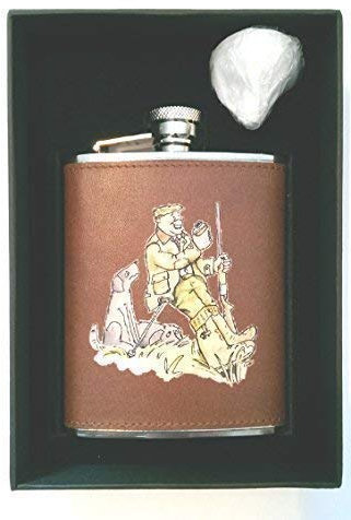 Farm Cottage Brands 6oz oblong A hard day's shooting hip flask with brown real leather cover and filling funnel in a lovely black presentation box (AC12)