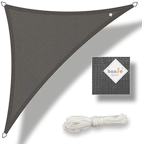 hanSe Sonnensegel dreieckig, Segeltuch Dreieck, 4x4x4 m in Graphit, aus HDPE Gewebe, wetterbeständig mit UV Schutz und Sonnenschutz für Garten, Balkon und Terrasse