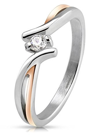 Autiga Edelstahl Ring Damen Solitärring Verlobungsring Zirkonia Kristall Zweifarbig Silber Rosegold Silber-Rosegold 49 - Ø 15,70 mm