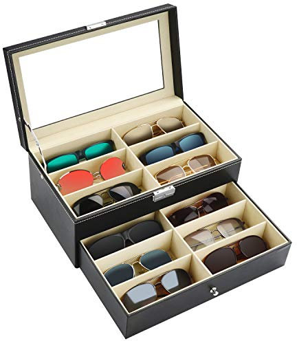 Kurtzy Verschließbare Sonnenbrillen Aufbewahrungsbox 2 Stufig – Brillen Schatulle mit Schloss und Schlüssel, 12 Fächer für 12 Brillen – Brillenhalter Brillenaufbewahrung Schwarz für Sonnenbrille&Uhren