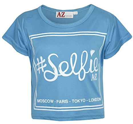 Girls Top Kids #Selfie Print Stylish Fahsion Trendy T Shirt Crop Top 7-13 Years Turquoise