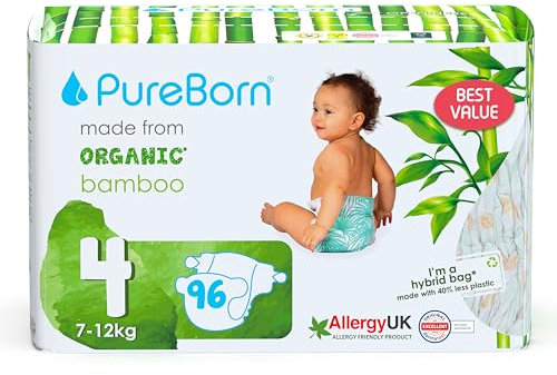 PureBorn 96 Windeln Größe 4 (7-12 kg), Ultra-Saugfähig, Hypoallergen, Weich & Sanft für Babys (7-12 Monate), Dermatologisch Getestet, Auslaufsicher, Umweltfreundlich aus Bambus