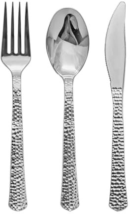 Decorline- Set de 180 pièces Couverts réutilisables et Résistant - plastique robuste écologiques pour une utilisation quotidienne durable - Effet Martelé - Argenté