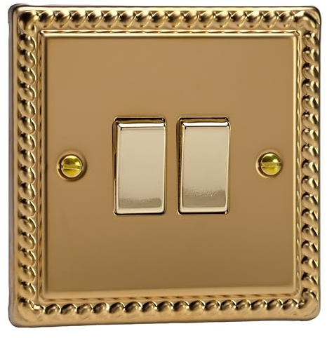 Varilight Double Rocker Light Switch Intermediate - Classic Georgian Brass With Polished Brass Rockers, XG77D