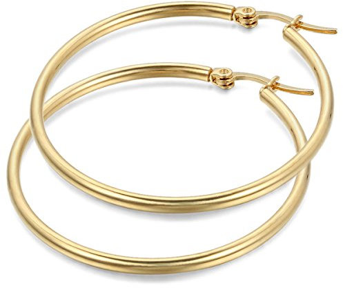 JewelryWe Schmuck Damen Ohrringe, 34mm Edelstahl große Poliert Creolen Ohrhänger, Gold
