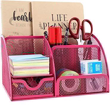 EasyPAG Office Mesh Desk Tidy Versatile Stationery Storage Desktop Organiser Pen Holder with Drawer,Pink