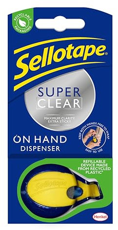Sellotape On-Hand Dispenser for sticky tape / Both hands free for crafting and wrapping / 1 x dispenser & 1 x (18mm x 15m) adhesive tape roll