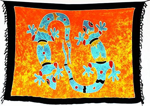 Kascha Sarong Pareo Wickelrock Strandtuch Tuch Wickeltuch Handtuch - Blickdicht - ca. 170cm x 110cm - Orange Gelb Türkis Schwarz mit Gecko Motiv Handgefertigt inkl. Kokos Schnalle in Rauteform
