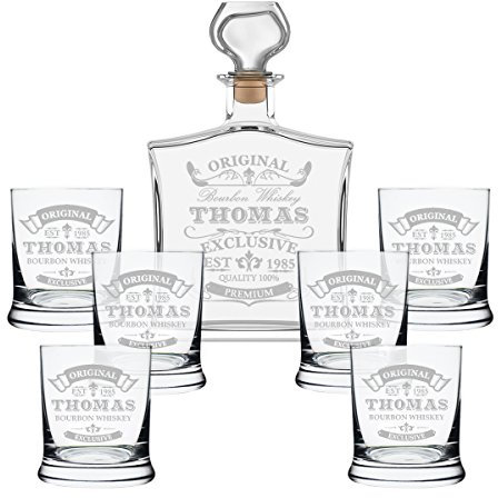 polar-effekt 7-TLG Geschenk-Set mit Whiskeyflasche und 6 Whiskygläser - Edle Glas-Karaffe Inhalt: 700ml - mit Gravur Geschenk für Männer - Motiv Original-Exklusive