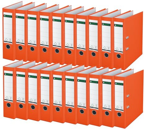 Leitz Qualitäts-Ordner 180° Plastik, 20er Pack, das Original, DIN A4 Aktenordner 8 cm breit, 90% Recycling-Karton, 30% Pre-Consumer Recycling-Kunststoff, Mit 180° Mechanik, 600 Blatt, Orange, 10105045