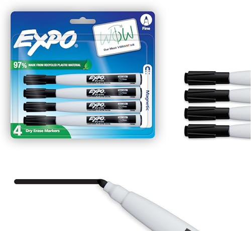 Expo Magnetische trocken abwischbare Marker mit Radiergummi, feine Spitze, schwarz, 4 Stück