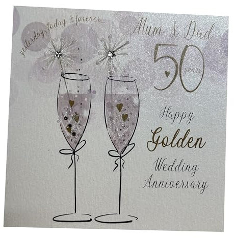 WHITE COTTON CARDS Champagne Flutes Mum & Dad On Your Golden Handmade 50th Anniversary Card, White, P50M,16cm x 16cm