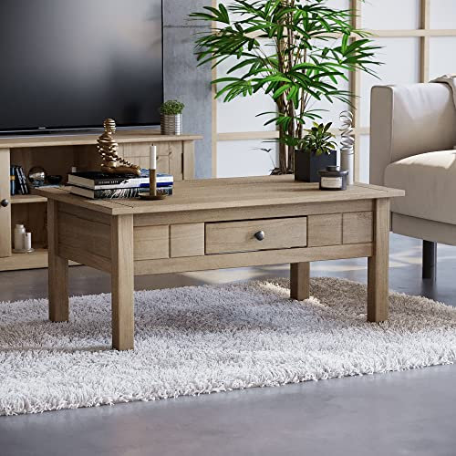 Home Discount Panama Table Basse 1 tiroir en chêne Naturel Massif Rustique Meuble de Salon