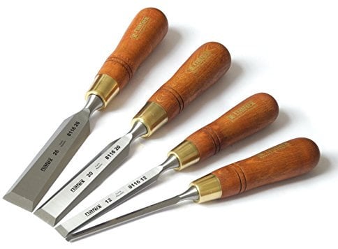 Narex Premium Bevel Edge Chisel Set with Stained Hornbeam Wood Waxed Handles, Set of 4 pcs